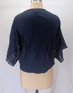 Navy Blue Tie-Front Broderie Top