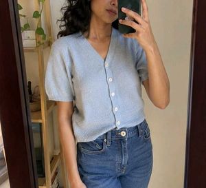 Cute Pastel Blue Button Front Top | Soft Stretch