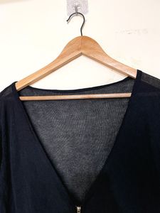 Black Oversized Zipper Pocket Sheer Top