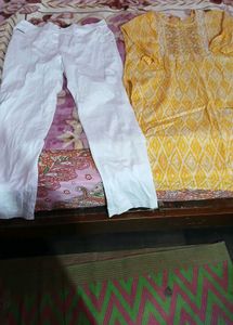 Yellow Printed Kurta with White Pants