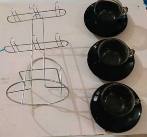 Set of 3 Smoked Glass Cups &amp; Saucers with stand