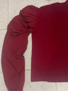Maroon Puff Sleeve Mock Neck Top