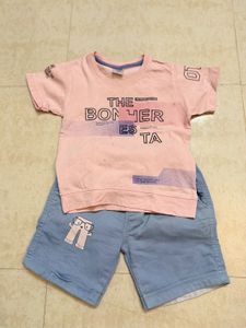 Cute Boys Pink T-Shirt and Blue Shorts Set