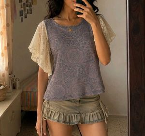 Y2K Cute sheer Vintage Lace Printed Top fairycore
