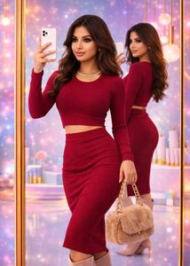 Elegant Maroon Bodycon Dress Set