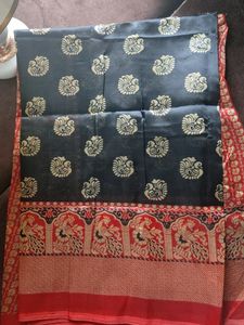Poly Silk Black Saree With Red Corner