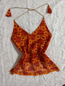 Orange Floral lacy Halter Neck backless top