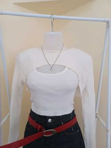 White Ribbed Cut-Out Bolero Top