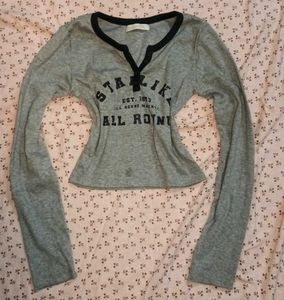 Grey Henley Y2k Long Sleeve Tee