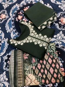 Premium Dark Green Embroidered Suit Set | Elegant