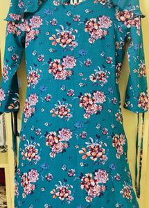 Teal Floral Print Bell Sleeve Dress