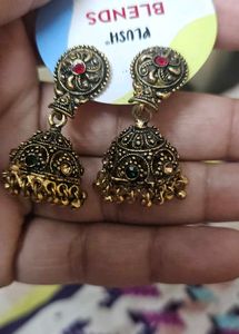 Antique Jhumka Earrings with Red &amp; Green Stones