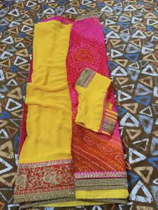 Yellow and Pink Bandhani Saree with Blouse