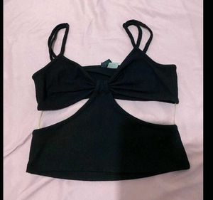 Black Cut-Out Crop Top with Bow Detail