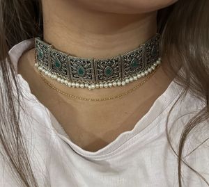 Oxidised Silver Choker Necklace with Earrings