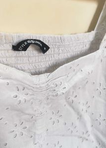 Chic White Eyelet Ruched Crop Top