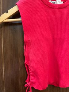 Zara Red Ribbed Tie-Up Crop Top