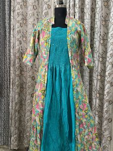 Beautiful Teal Maxi Dress with Floral Shrug