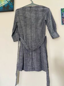 Chic Grey Textured A-Line Dress with Belt