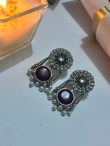 Ethnic Oxidized Silver Earrings with Maroon Stones