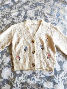 Cream Embroidered Knit Cardigan