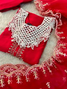 Stunning Red Kurta Set with Intricate Lace
