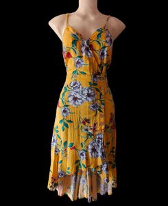 Yellow Floral Midi Dress with Tie-Front