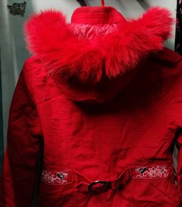 Red Faux Fur Detachable Hooded Jacket