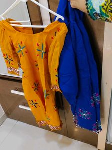 Yellow Embroidered Kurta Set with Blue salwar