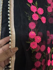 Black Net saree with Pink Floral Embroidery