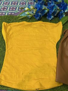 Cute Yellow Gucci Top and Brown leather skirt Set