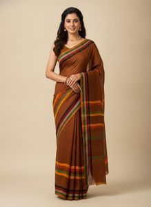 Brown Saree with Striped Border