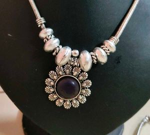 boho Silver Necklace with Purple Stone