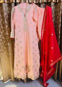 Elegant Peach Kurta Set with Red Dupatta