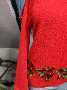 Red Cold Shoulder Embellished Top