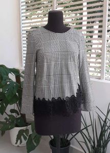 Zara Plaid Lace Trim Top