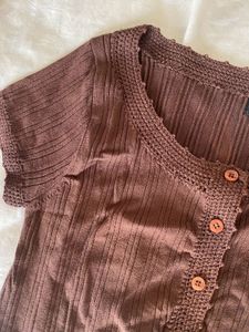 Brown Ribbed Cropped Cardigan Top