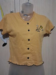 Yellow Button-Up Cropped Top with Sun Graphic