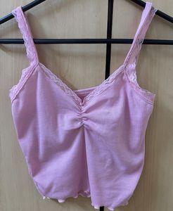 Pink Lace Trim Ruched Cami Top