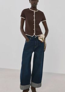Brown Button-Up Top with White Trim