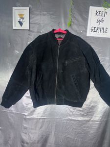 Black  suede leather full-zip bomber jacket
