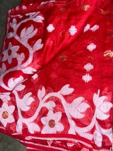 Red Saree with Gold &amp; White Motifs