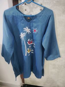 Blue Kurta with Beach Scene Embroidery