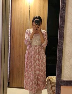 100%Cotton Pink Printed Nyra Cut kurti Set