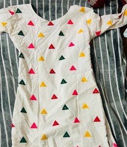 Colorful Embroidered White Cotton Kurta