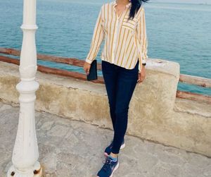 Striped Button-Up Shirt with Cut-Out Sleeves