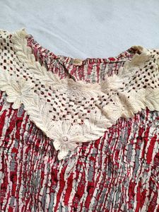 Red Patterned Smocked Top with Crochet Neck