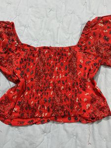 Red Floral Off-Shoulder Puff Sleeve Top
