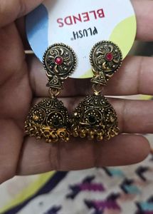 Antique Jhumka Earrings with Red & Green Stones