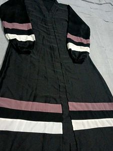 Elegant Black Abaya with Striped Sleeves